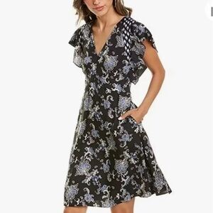Rebecca Taylor Floral Paisley Print Silk Blend Mini Dress Flutter Sleeves Size 6